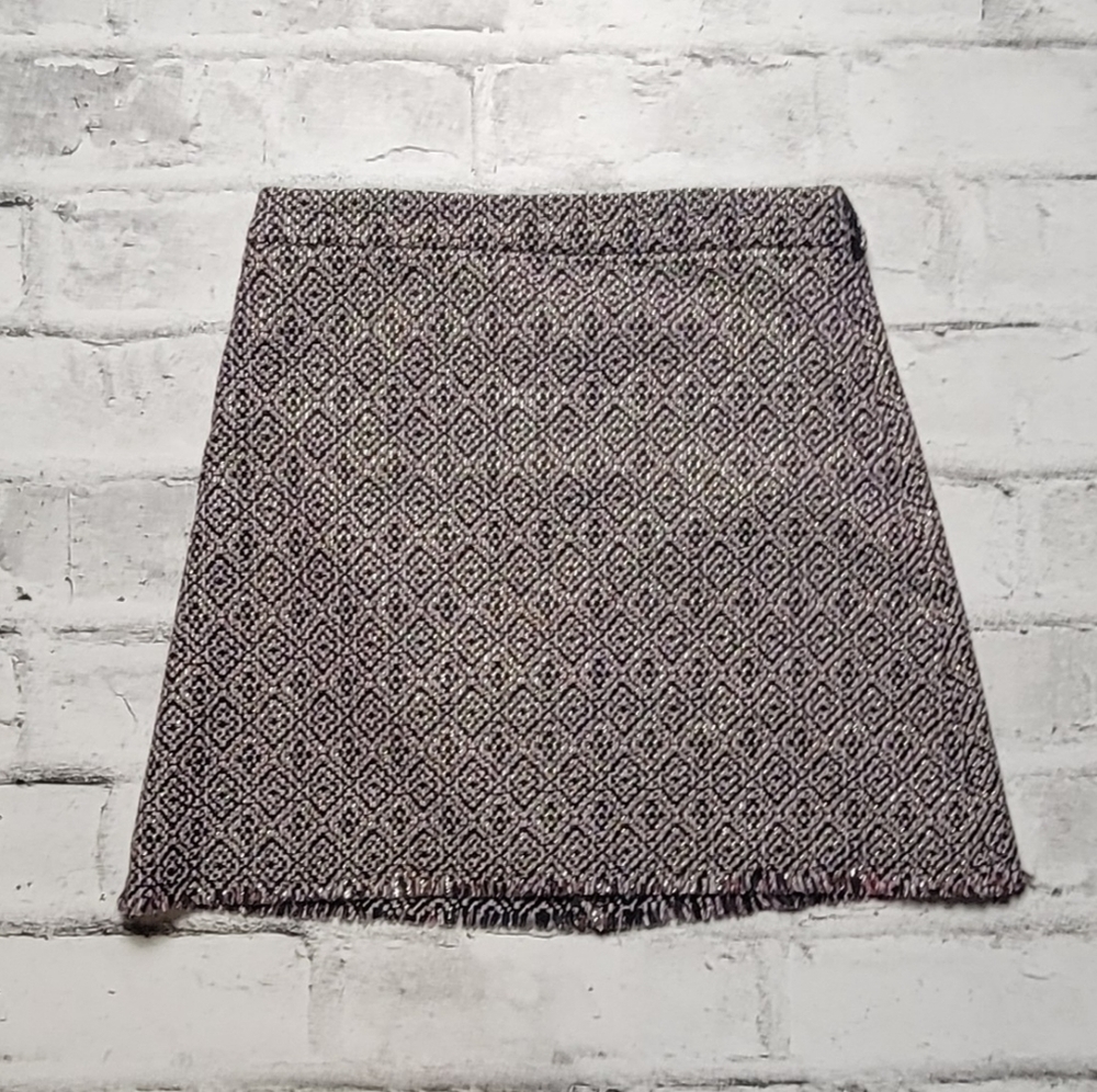 Mango Tweed Mini Skirt Gold Tan Textured Frayed Hem Size 2
